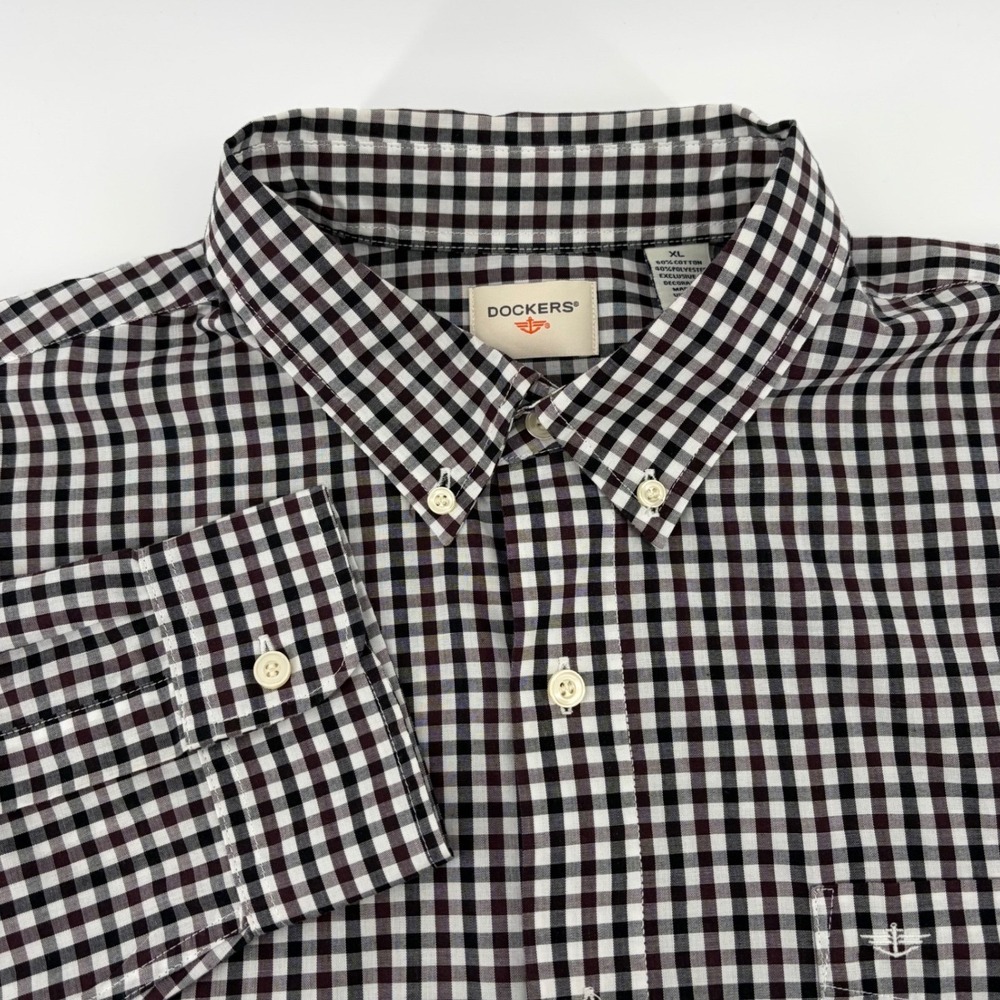 Dockers‎ XL Button Down Shirt Mens Checkered Black/White/Burgundy Long Sleeve